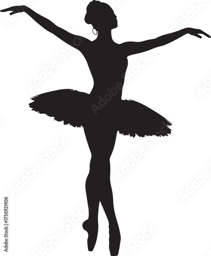 Silhouette of a female ballet dancer in a tutu with arms extended and a hoop earring on a white background