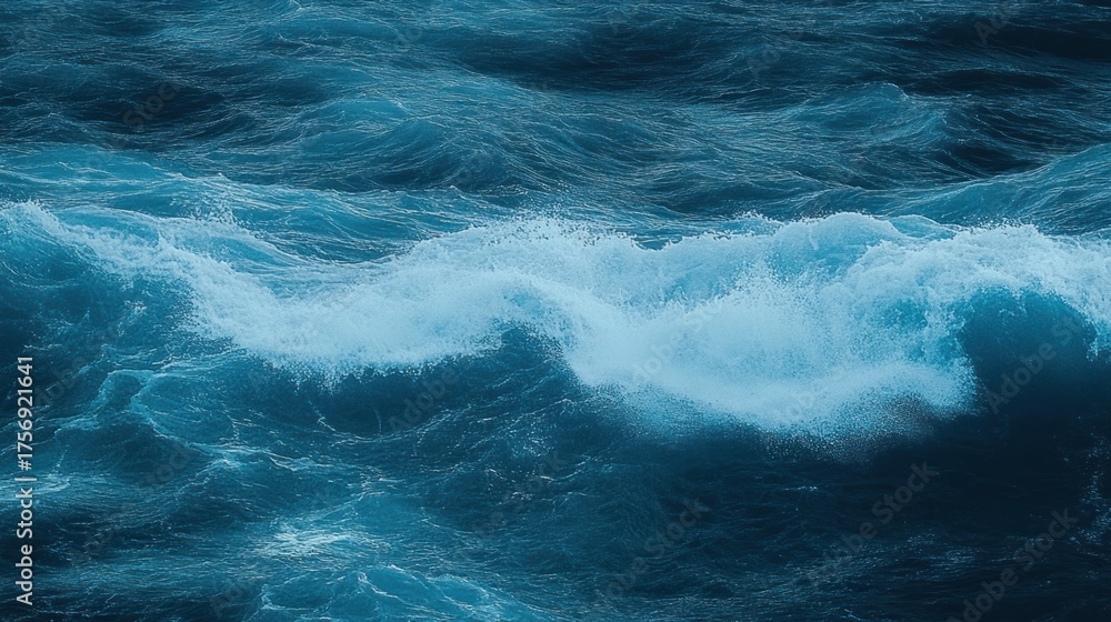 Fototapeta premium Dynamic ocean waves with white frothy foam and deep blue water surface in motion