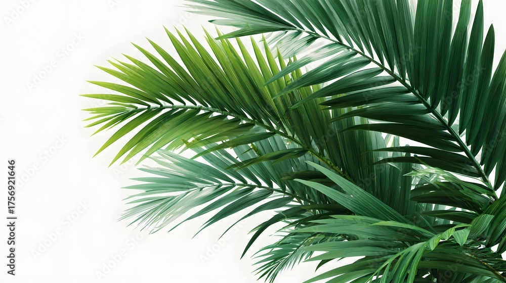 Fototapeta premium Lush green palm fronds create a tropical natural background on white.