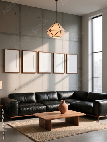 Five mockup poster frames above black leather sofa in modern minimalist living room with wooden table and geometric pendant light