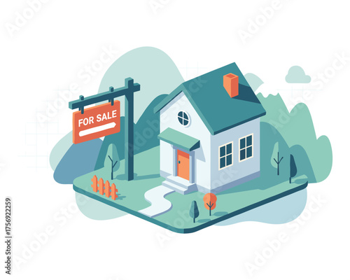 Home for sale illustration : A charming illustrated house with a for sale sign, a welcoming pathway leading to the front door. The scene is set amidst stylized trees, mountains and clouds.