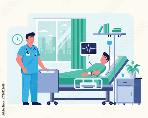 Hospital Room Care: A caring doctor attending to a patient in a hospital room, the scene portraying the essence of care and support, ensuring health recovery.