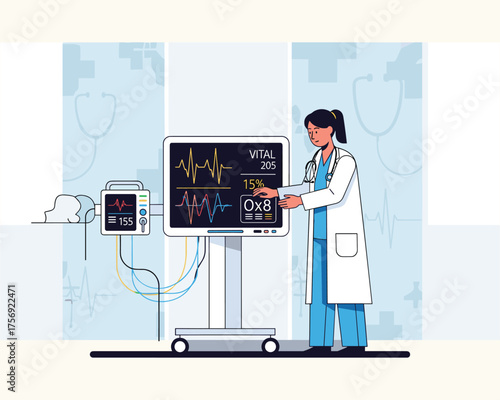 Medical Monitor and Healthcare Professional: In a sterile and modern medical environment, a healthcare professional, meticulously monitors a vital signs display.
