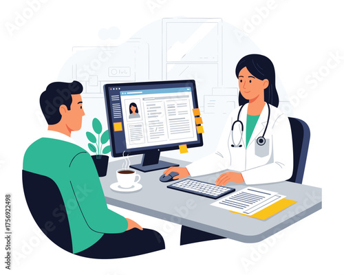 Healthcare Consultation: A doctor and patient engage in a consultation, with the doctor attentively reviewing medical records displayed on a computer screen.