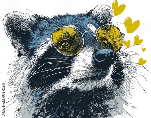 A spectacled raccoon with an impish grin is prominently displayed on a clean white backdrop