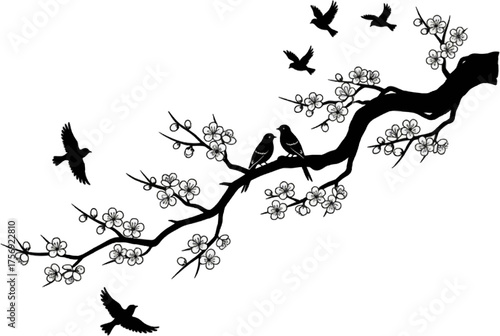 Swallows and Cherry Blossom Branch Silhouette Vector Art Print
