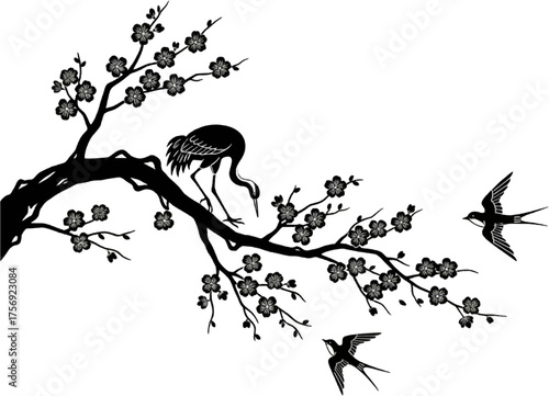 Elegant Japanese Crane and Cherry Blossom Silhouette Art Prints
