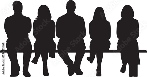 Silhouette of five people sitting side-by-side on a bench against a white background group