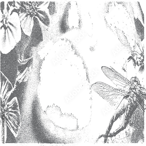 Creative paintography portrait of woman merged with hand drawn floral motifs. Elegant black and white double exposure portrait with artistic floral overlay. 