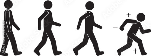 Four Black Silhouettes of a Person in Walking and Running Poses with Plus and Minus Signs on White Background