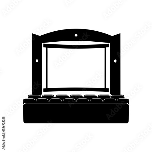 Cinema screen with seats in black on transparent background silhouette