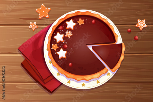 Christmas pie chocolate with slice decorated with gingerbread srats and cranberry top view on holiday plate on wooden table in cartoon style.