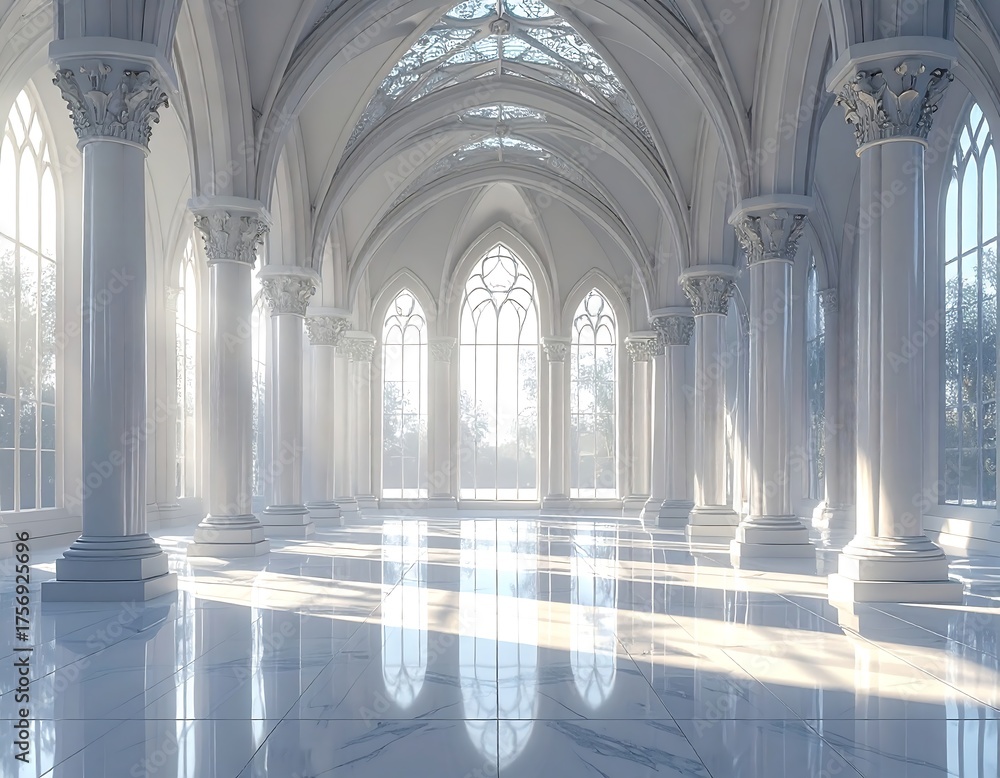 Fototapeta premium Grand white hall with high arching gothic windows, columns, and glossy floor reflecting light