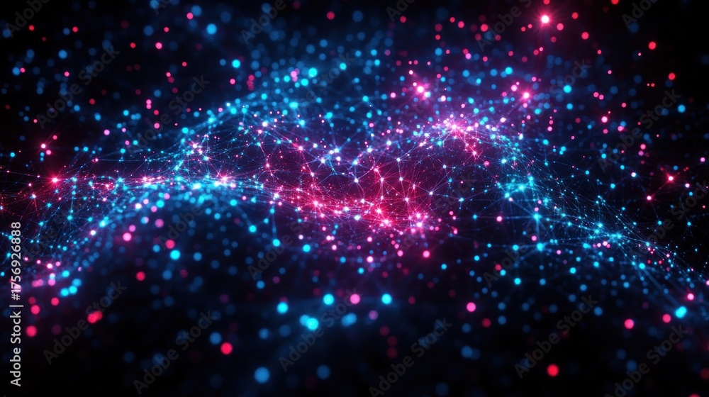 Obraz premium Glowing interconnected network of blue and pink nodes and lines creating a dynamic digital landscape with a sense of depth and motion