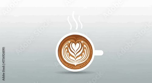 Steaming cup with latte art heart design for coffee shops, cafes, and delicious morning beverages perfect for menus, advertising, or social media posts