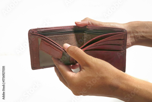 Two Hands Opening an Empty Brown Leather Wallet on White Background