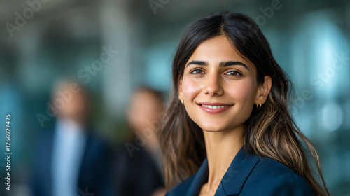 Free Download Young professional woman in business attire smiles confidently with blurred colleagues in the background, symbolizing teamwork and success in a modern office environment - GFXLoad