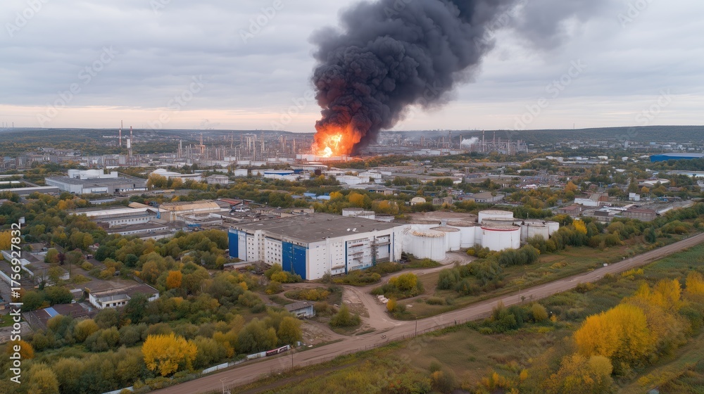 Fototapeta premium Aerial view of a fire in an industrial area caused by a drone attack. FPV drone hit fuel depot
