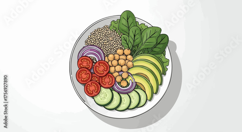 Delicious vegan nourish bowl featuring fresh vegetables, chickpeas, and avocado, perfect for healthy eating and clean living promotions or recipe inspiration