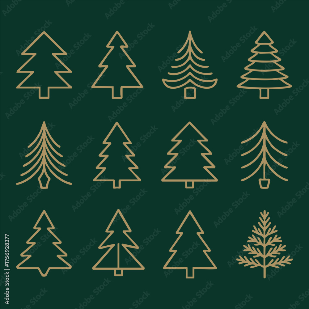 Obraz premium Twelve Outline Christmas Trees, vector, illustration.