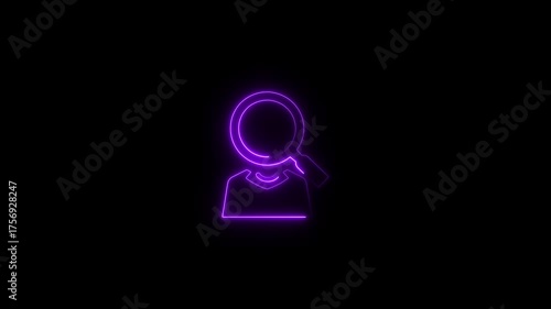 Neon purple outline of a person with a magnifying glass searching on black background abstract