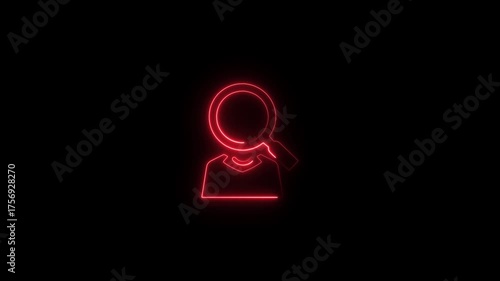 Red Neon Silhouette Human Figure Magnifying Glass Search Icon Glowing Dark Background Abstract