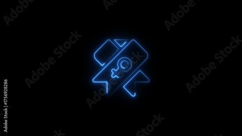 Glowing blue neon female symbol on ribbon award badge award achievement recognition success