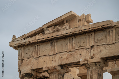 Parthenon east pediment details, south part, with horses and statue of Dionysus lying down in the Acropolis, Athens, Greece