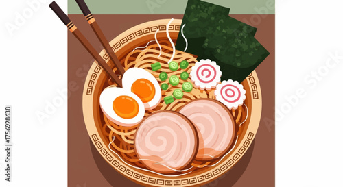 Enjoy delicious authentic ramen with sliced pork, soft boiled eggs, and vibrant garnishes, perfect for food blogs and restaurant promotions