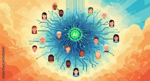 Diverse team connected by AI network, fostering collaboration and innovation for a smarter future in business, technology, and global partnerships