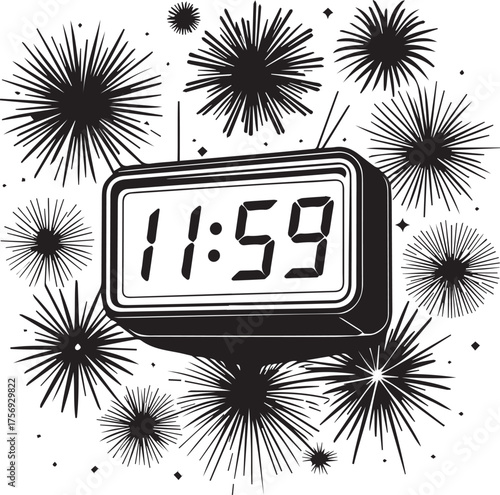 A graphic digital clock shows 11:59 surrounded by fireworks illustrations, representing the final moments before a new beginning, perfect for depicting anticipation and celebration.