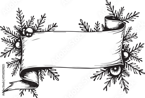 A festive holiday banner, elegantly adorned with evergreen boughs and decorative ornaments, invites a personalized message. A timeless, hand-drawn design exudes warmth and holiday spirit.