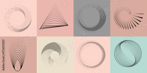 Lines and spirals in Circle Form .Rotate rounded shape Vector .Rotating dots form a circle .Rotating and linear design element . Various lines forming round shape . Abstract Geometric line art 