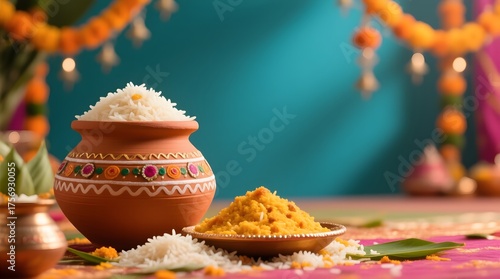 Traditional Pongal celebration scene with decorated clay pot overflowi