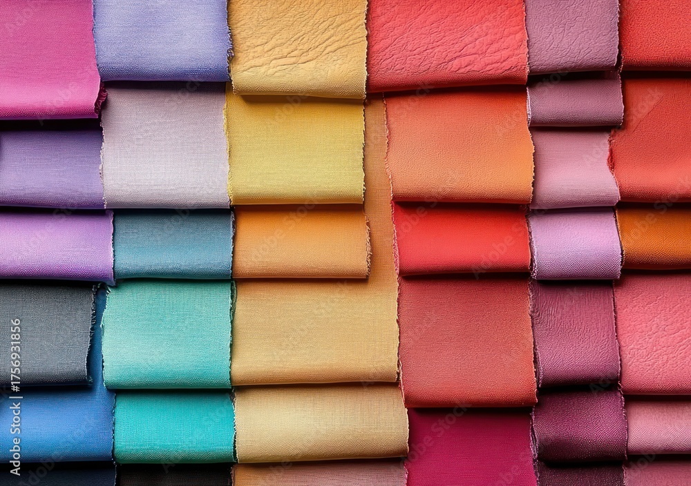 Fototapeta premium Stacks of various colored leather or fabric swatches displayed in neat rows with visible texture and rough edges