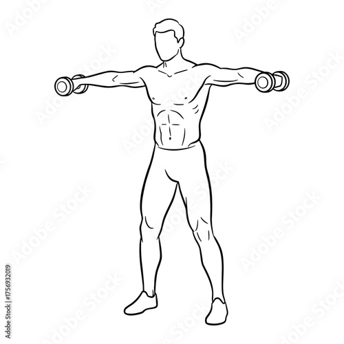 Muscular man doing lateral raises with dumbbells against white background