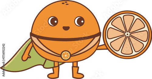 orange fruit mascot wearing superhero cape heroic