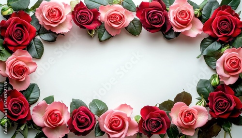 Delicate frame of vibrant red and soft pink roses with lush green leaves surrounding empty white space, evoking elegance and romantic serenity