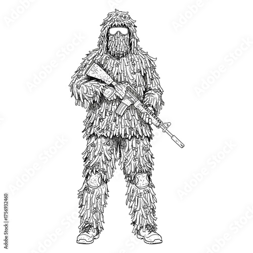Sniper in ghillie suit with rifle in line art style in black and white