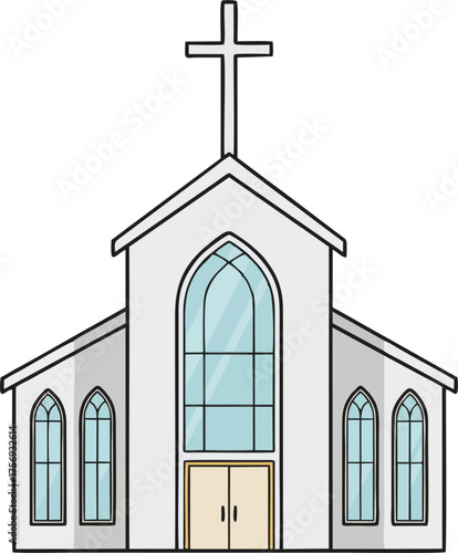 Modern Church Building Vector Illustration, Blue Glass Windows and Tall Cross, Contemporary Christian Architecture