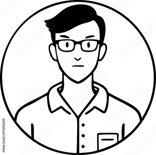 A hand-drawn line art icon of a serious young man with glasses, representing a user profile or personal digital identity