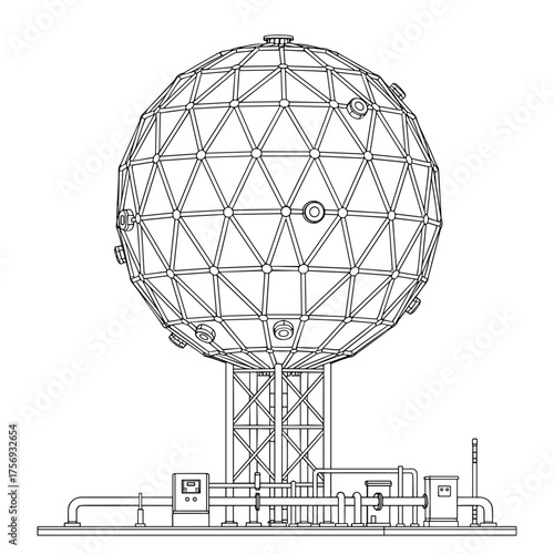 Spherical gas storage tank in line art style in black and white