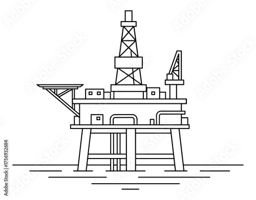 Offshore oil rig in line art style in black and white