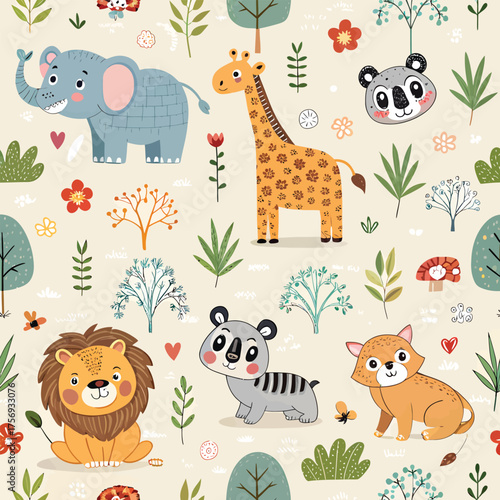A seamless pattern vector illustration set featuring a cute and funny cartoon collection of baby zoo animals including a dog, cat, lion, elephant, giraffe, rabbit, tiger, cow, and bear