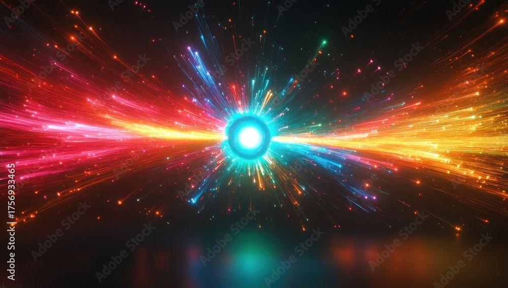 Obraz premium Bright glowing sphere emitting colorful vibrant light streaks and particles in a dark space creating a dynamic and energetic visual effect