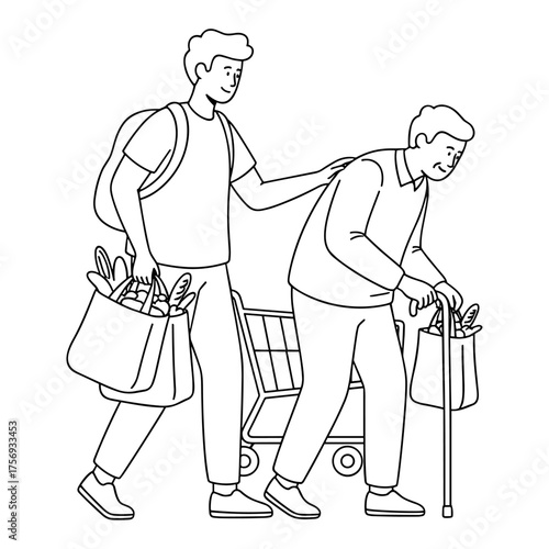 Young Man Helping Elderly Man with Grocery Bags against White Background