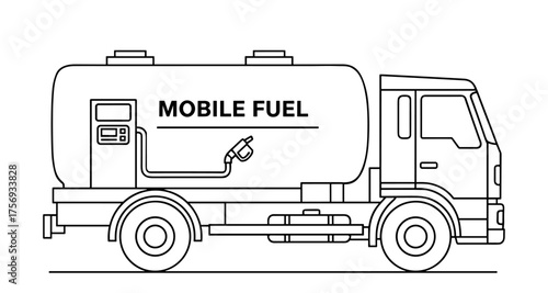 Mobile fuel truck in line art style, black and white