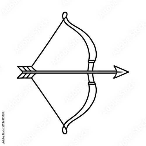 Bow and arrow in line art style, black and white