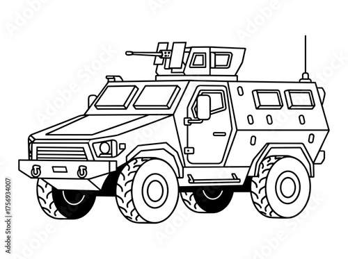 Armored vehicle in line art style, black and white