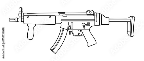 Assault rifle in line art style, black and white
